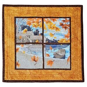 Beautiful Hand and Machine Embroidered Lakeside Autumn Quilt Wall Art 17" x 16"